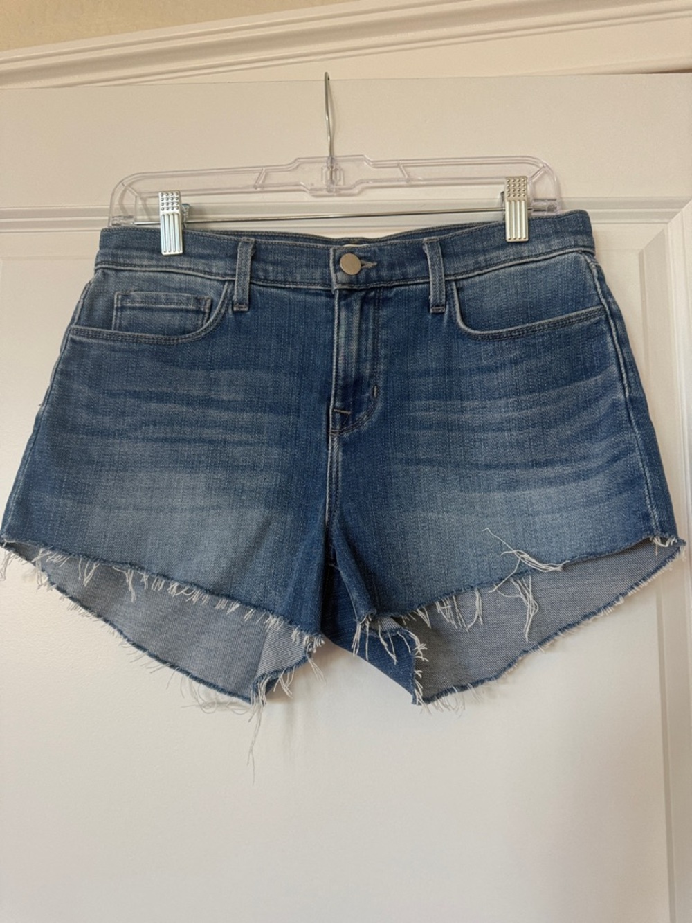 L'AGENCE Distressed Blue Denim High-Rise Cutoff Shorts